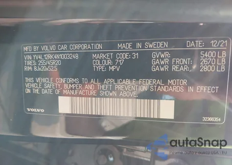 2022 Volvo Xc60 Momentum z USA, uszkodzony, nr VIN YV4L12RK4N1003248